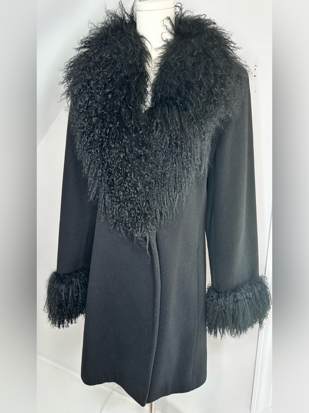 Vintage Marvin Richards Lambswool Coat Genuine Fur Trim Black Jacket M